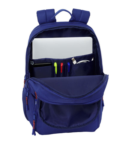 F.C. Barcelona paddle tennis bag in kastanjebruin and marineblauw, sport and outdoor gear with team logo and multiple compartments.
