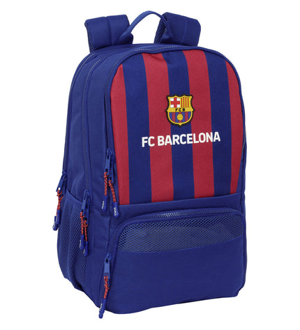F.C. Barcelona paddle tennis sports backpack in kastanjebruin and marineblauw, featuring the club logo and multiple compartments.