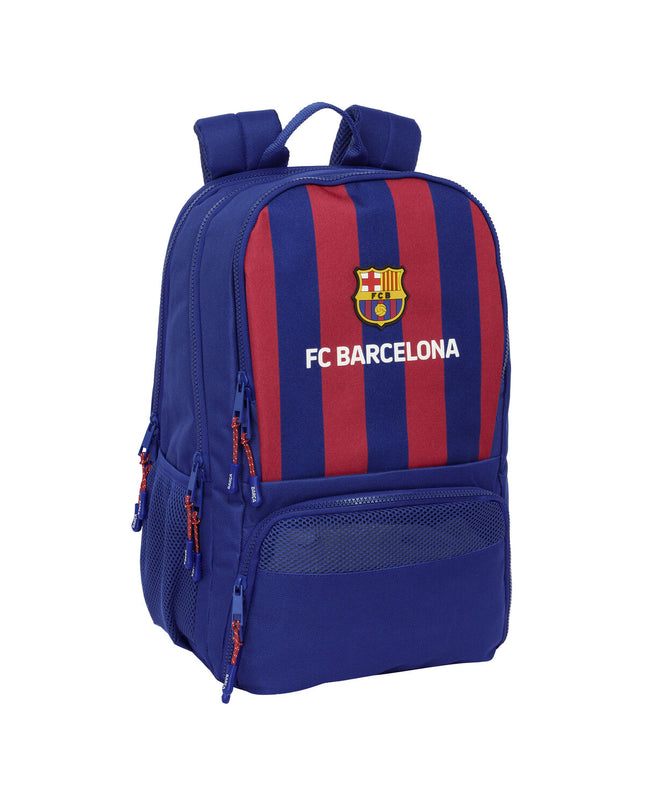 F.C. Barcelona paddle tennis sports backpack in kastanjebruin and marineblauw, featuring the club logo and multiple compartments.