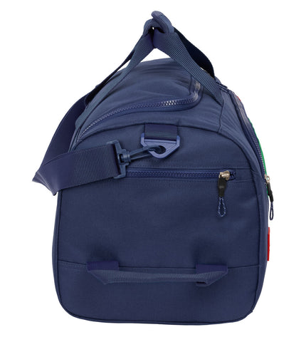 Benetton blue sports and outdoor bag with flag design, size 50x25x25 cm, shown on white background.