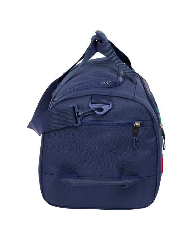 Benetton blue sports and outdoor bag with flag design, size 50x25x25 cm, shown on white background.
