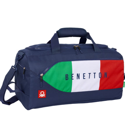 Benetton navy blue sports bag with flag design, 50x25x25 cm, suitable for outdoor and sport activities.