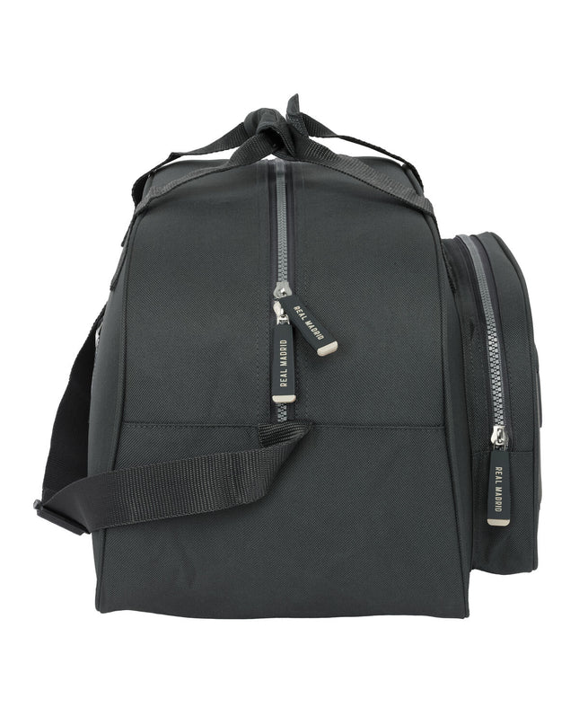 Gray Real Madrid C.F. sports and outdoor bag with handles, measuring 40x24x23 cm, featuring team logo and sporty design.