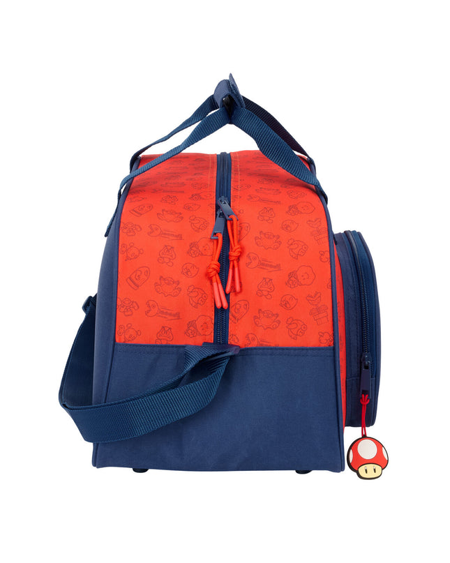 Dark blue Super Mario sports bag showing front view with handles, dimensions 40x24x23 cm, suitable for outdoor and sports use