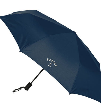 Blue Harper & Neyer folding umbrella with 102 cm diameter, shown in a compact, open position for travel and outdoor use.