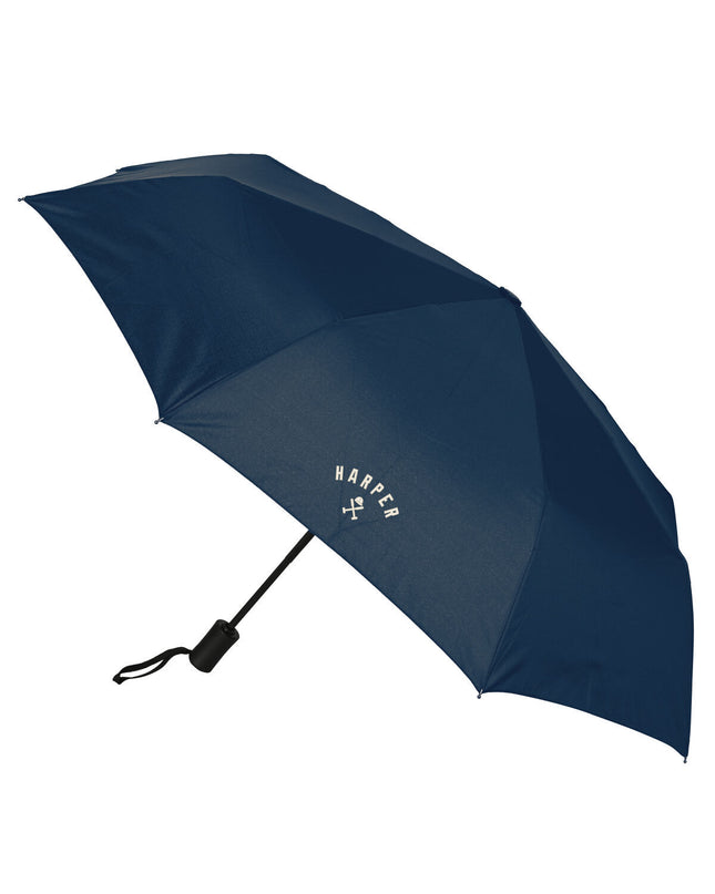 Blue Harper & Neyer folding umbrella with 102 cm diameter, shown in a compact, open position for travel and outdoor use.