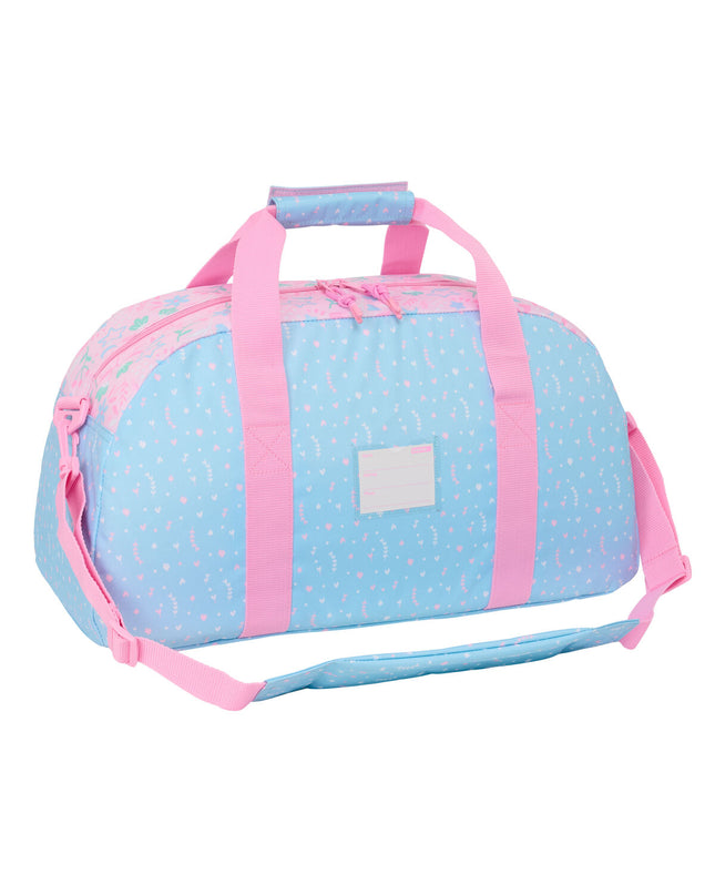 BlackFit8 Sporttas in roze en licht blauw, 50x26x20 cm, sport- en outdoor tas met zwart-lichte design and handles.