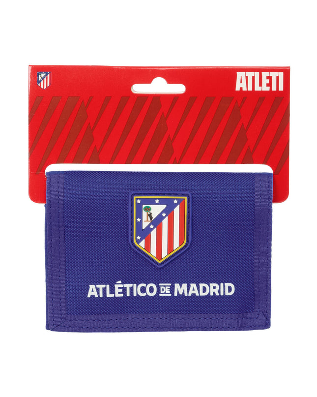 Atlético Madrid blue, white, and red wallet with card slots, measuring 12.5x9.5x1 cm, featuring team logo and design details.