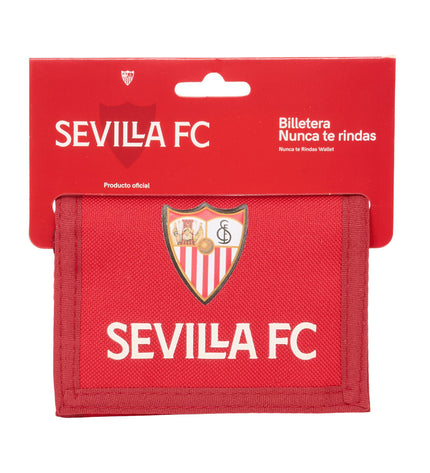 Sevilla Fútbol Club wallet in red with compact design, featuring card slots and a slim profile, measuring 12.5 x 9.5 x 1 cm.