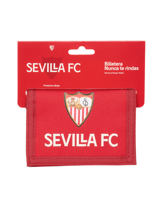 Sevilla Fútbol Club wallet in red with compact design, featuring card slots and a slim profile, measuring 12.5 x 9.5 x 1 cm.