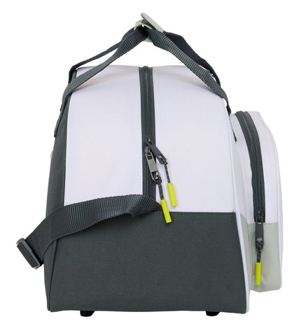 Real Madrid C.F. sports bag with white color, dimensions 40x24x23 cm, designed for sports and outdoor activities.