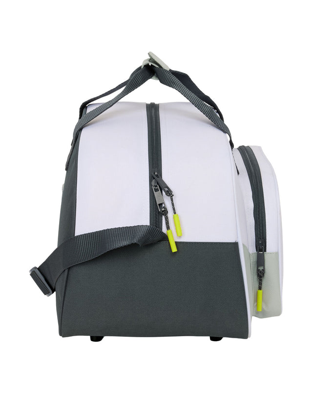 Real Madrid C.F. sports bag with white color, dimensions 40x24x23 cm, designed for sports and outdoor activities.