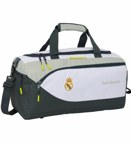 Real Madrid C.F. sports bag in white with black logo, 50x25x25 cm, designed for sports and outdoor use.