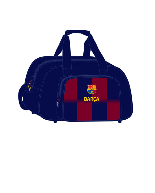 F.C. Barcelona sport bag in blue and tan with dimensions 40x24x23 cm, suitable for sports and outdoor activities.
