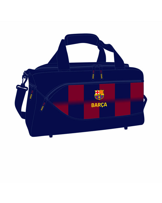 F.C. Barcelona sport bag in blue and tan, 50x25x25 cm, designed for outdoor sports and travel, with sturdy handles and zip closure.