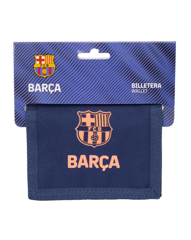 F.C. Barcelona marine blue wallet with multiple card slots and compact size, perfect for travel and everyday use.