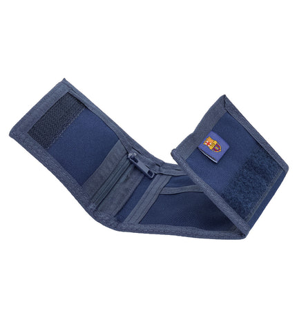 F.C. Barcelona navy blue wallet with card slots, compact 12.5x9.5x1 cm, designed for travel and everyday use.