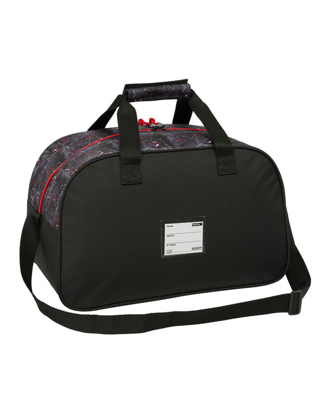Black Spider-Man sports bag with handles, 40x24x23 cm, designed for outdoor and sports activities.