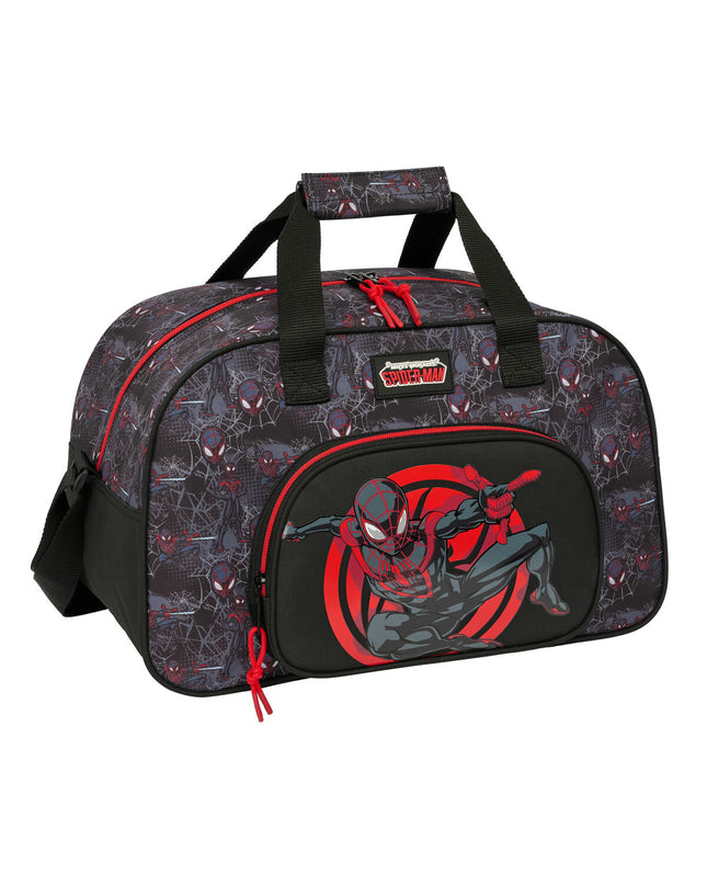 Black Spider-Man sports bag with red logo, 40x24x23 cm, suitable for outdoor and sports activities, featuring Spider-Man branding.