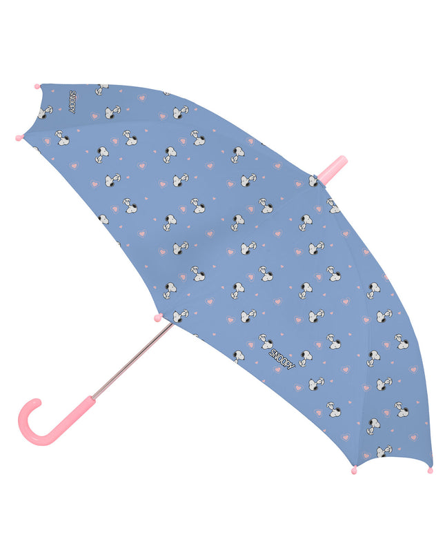 Snoopy bagage umbrella with an 86 cm diameter, featuring a playful Snoopy design, open to show its canopy and handle.