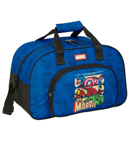 Blue and black The Avengers sports bag with handles and zipper, measuring 40x24x23 cm, ideal for outdoor activities.