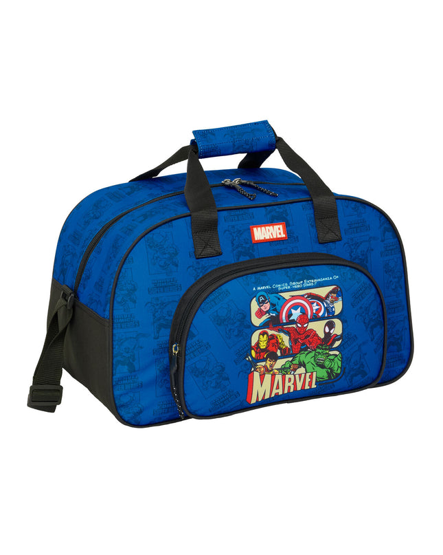 Blue and black The Avengers sports bag with handles and zipper, measuring 40x24x23 cm, ideal for outdoor activities.