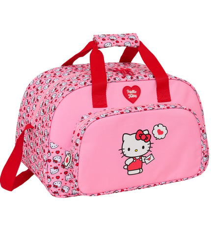 Pink Hello Kitty sports bag with handles, measuring 40x24x23 cm, ideal for sports and outdoor activities.