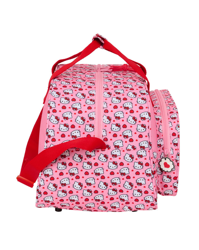 Pink Hello Kitty sports bag with handles and zip closure, measuring 40x24x23 cm, ideal for sport and outdoor activities.