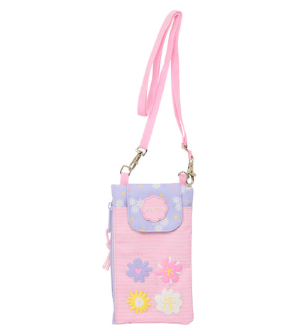 Pink and lilac Safta bouquet wallet with multiple compartments, shown open with cards and cash inside.