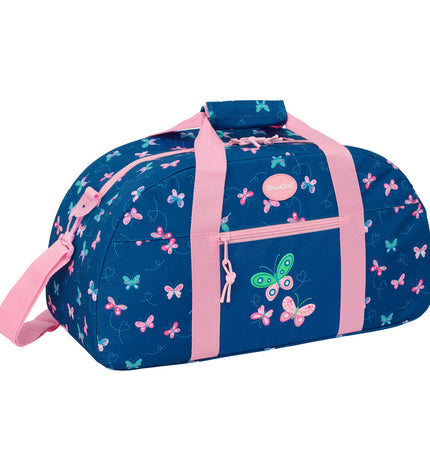 BlackFit8 Sporttas in black with colorful butterfly patterns, measuring 50x26x20 cm, ideal for sports and outdoor activities.