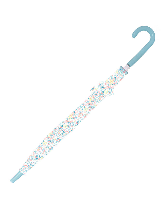 Colorful Moos Fiori umbrella with multicolored floral pattern, open to show its 86 cm diameter, designed for travel and rain protection.
