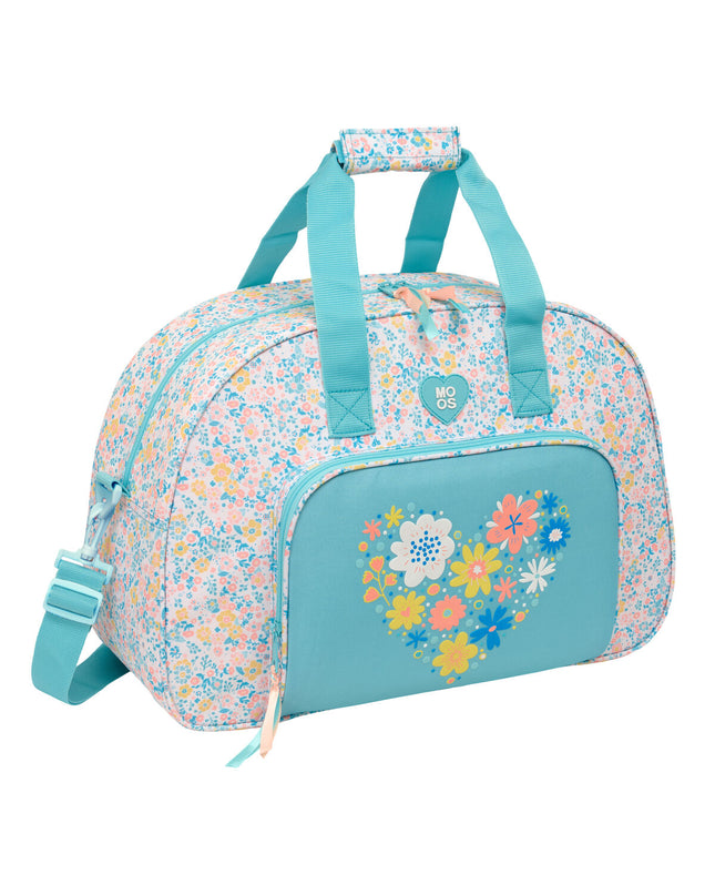 Multicolour Moos Sporttas for outdoor sports, 48x33x21 cm, showing vibrant floral design and spacious main compartment.