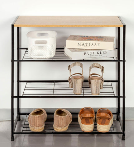 Max Home Schoenenrek Max Home for home organization, showing a wooden shoe rack with multiple compartments in a modern design.