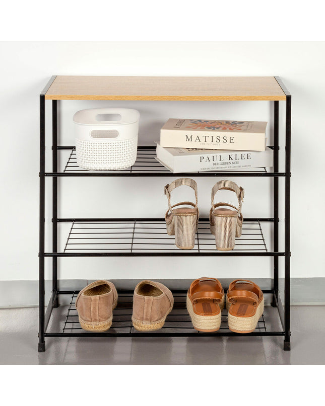 Max Home Schoenenrek Max Home for home organization, showing a wooden shoe rack with multiple compartments in a modern design.
