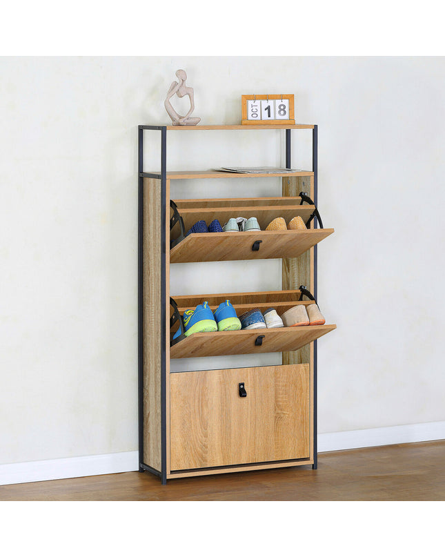 Max Home schoenenrek Max Home for home organization, showing a black shoe rack with multiple shelves for storage.