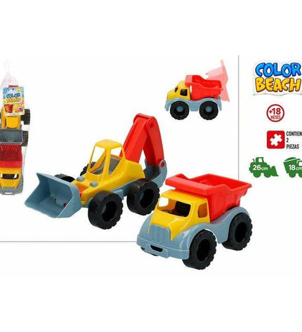 Colorbaby 26 cm construction toy set with a yellow excavator and orange dump truck, suitable for outdoor play.