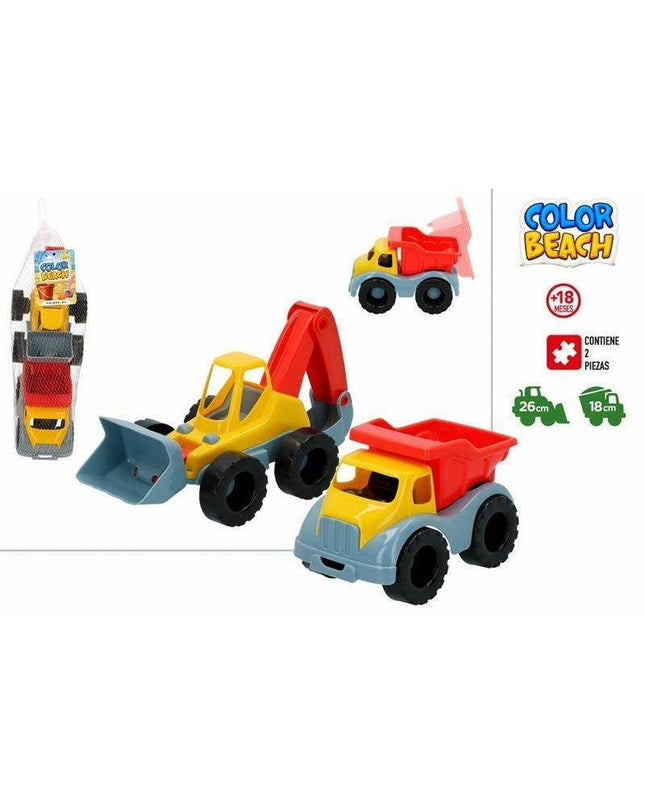 Colorbaby 26 cm construction toy set with a yellow excavator and orange dump truck, suitable for outdoor play.