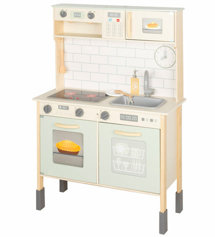 Woomax speelgoedkeuken with realistic stove, sink, and oven for imaginative play in a child's playroom setting.