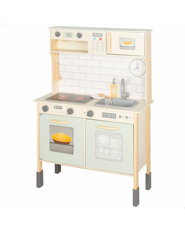 Woomax speelgoedkeuken with realistic stove, sink, and oven for imaginative play in a child's playroom setting.