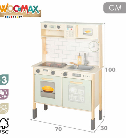 Woomax toy kitchen set with colorful pretend cooking accessories, perfect for imaginative play and role-playing activities.