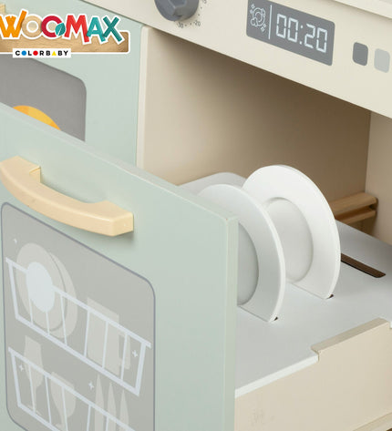 Woomax speelgoedkeuken for kids, realistic play kitchen set with colorful accessories, perfect for imaginative cooking games.