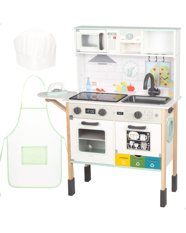 Woomax toy kitchen set in pink with stove, sink, and countertop, measuring 81x97x30 cm, ideal for imaginative play.