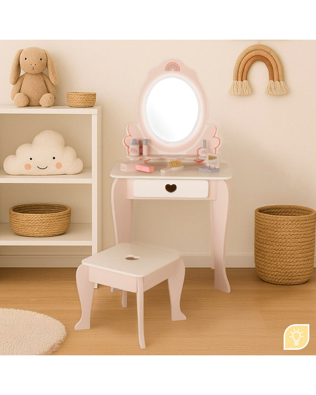 Woomax pink and white toy dressing table with mirror, drawers, and accessories for pretend play, size 48x92x32 cm.