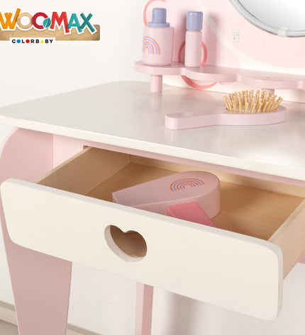 Woomax toy dressing table in white and pink with mirror, drawers, and accessories for imaginative play.
