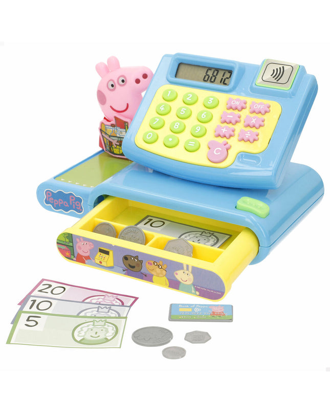 Peppa Pig toy cash register from Peppa Pig pretend play set, featuring colorful buttons and a realistic design for kids.