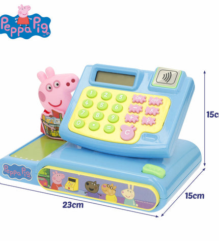 Peppa Pig toy cash register for pretend play, part of Peppa Pig's toy and game collection, with colorful buttons and play money.