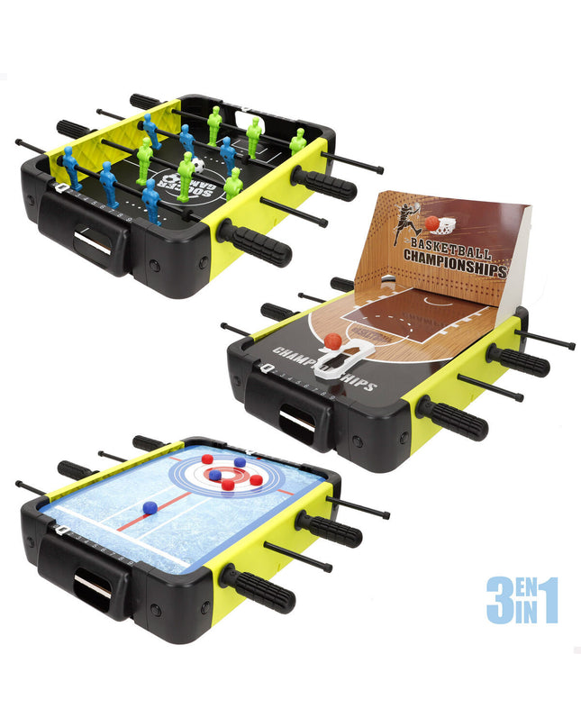 Colorbaby Tafelvoetbal game with colorful miniature players and goalposts, ideal for indoor soccer fun and family entertainment.