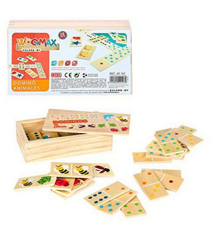 Woomax Domino Woomax 42147 set with 28 colorful plastic domino pieces for fun and educational gameplay.