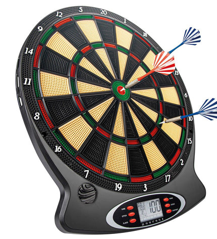 Aktive electronic dartboard with 38x43 cm surface, featuring multiple scoring options and a sleek design for indoor play.