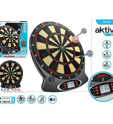 Aktive electronic dartboard measuring 38x43 cm, designed for indoor sport and outdoor darts gameplay.